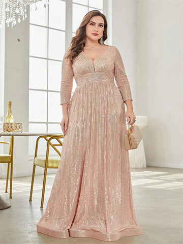 Women's 2-4XL Fashion Designer Sequins Evening Long Dresses (Plus Size)-Women's Fashion Designer Plus Size Dresses-Champagne-Women's fashion designer plus size clothes